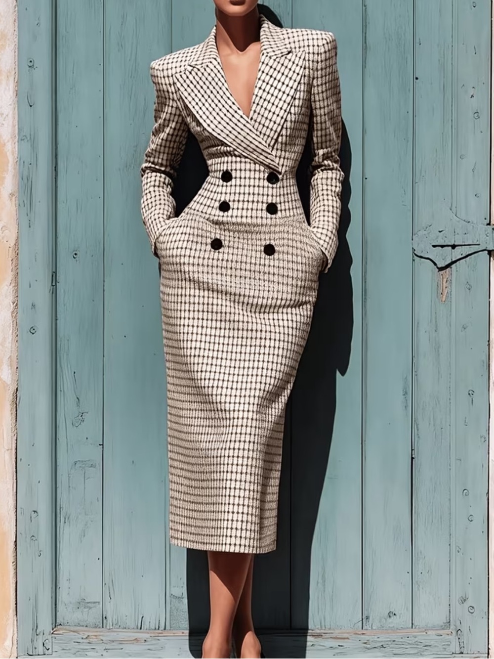 Women Plaid Blazer Midi Dress, Double Breasted Bodycon Pencil Dress, Elegant